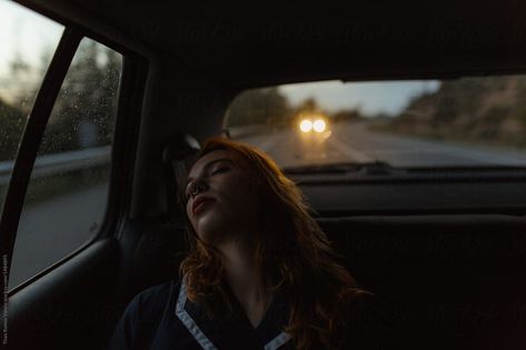 In Car Aesthetic, Sleeping In A Car, Sleeping In Car, Ginger Woman, Sleep In Car, Woman Sleeping, Woman In Car, Road Trip Car, Ginger Women