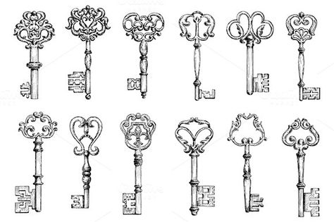 Vintage sketches of antique keys by seamartini on @creativemarket East Tattoo, Vintage Tattoo Sleeve, Key Tattoo Designs, Meaningful Word Tattoos, Key Drawings, Wörter Tattoos, Diy Tattoo Permanent, Tattoo Diy, Vintage Tattoos