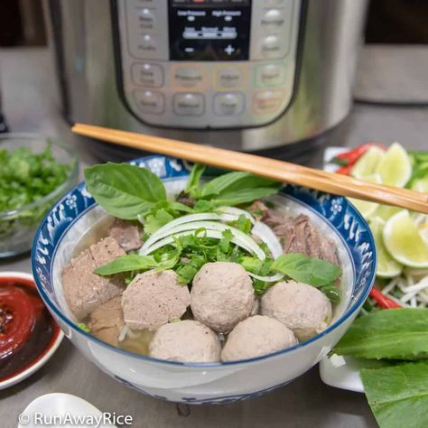 Beef Meatball Pho (Pho Bo Vien) - Instant Pot Recipe | RunAwayRice #RunAwayRice #AsianRecipe #VietnameseRecipe #VietnameseFood #VietDish #InstantPotRecipe #InstantPotCooking #InstantPot #PhoBoVien #BeefMeatballNoodleSoup #MeatballPho Bo Vien Recipe, Instant Pot Pho Broth, Chicken Pho Instant Pot Recipes, Pho Ga Instant Pot, Chicken Pho Recipe Instant Pot, Vietnamese Pho Soup Recipe, Instant Pot Pho Ga, Pho Beef, Pho Soup Recipe