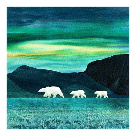 Polar Bear Walking, Polar Bear Art, Arctic Landscape, Polar Night, Bear Watercolor, Night Illustration, Bear Silhouette, Wool Art, Bear Art