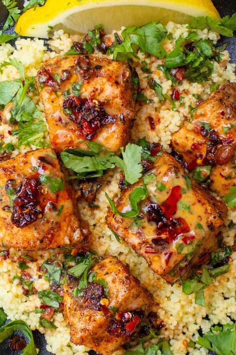 Date Night Salmon Recipes, Salmon Flavors, Spicy Chili Crisp, 20 Min Meal, Recipe For Salmon, Salmon Bites Recipe, Fish Dinners, Work Recipes, Salmon Bites