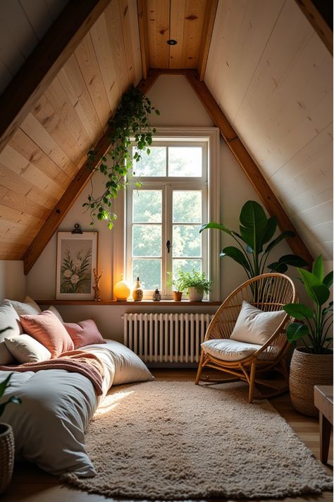 Attic bedroom with boho decor, skylight, and trailing plants Boho Bedroom Decor Ideas, Floral Bedspread, Hanging Furniture, Bedroom Lounge, Peacock Chair, Attic Spaces, Free Spirit Style, Bedroom Retreat, Boho Bedroom Decor