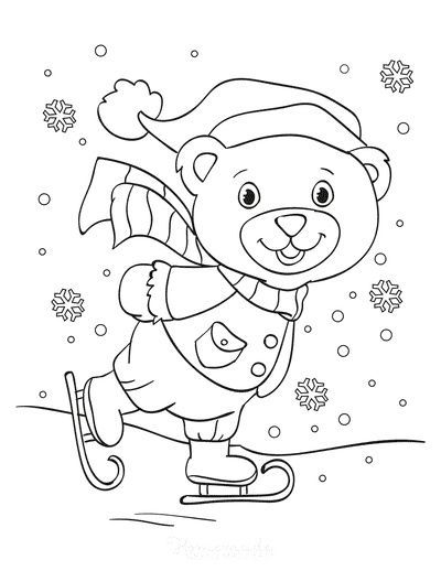 Winter Coloring Pages Cute Bear Ice Skating Snowflakes Polar Bear Coloring Page, Winter Coloring Pages, Penguin Coloring Pages, Penguin Coloring, Coloring Pages Winter, Bear Coloring Pages, Animals Coloring, Winter Animals, Christmas Bear