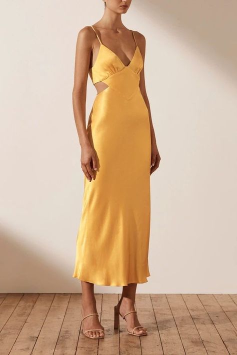 Tangelo Dress, Satin Dress Bridesmaid, Maxi Dress Silk, Silk Yellow Dress, Satin Silk Dress, Backless Midi Dress, Silk Satin Dress, Shona Joy, Guest Attire