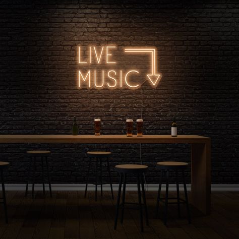 Perfect neon sign for clubs and concert halls. Live Music Bar, Music Room Design, Home Music Rooms, Trendy Hotels, Bar Music, Music Studio Room, Club Restaurant, Coffee Music, Home Studio Music