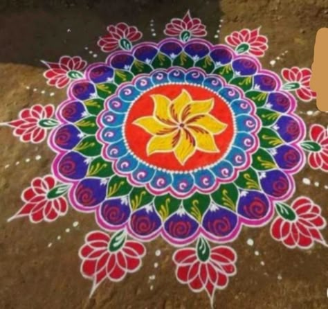 Dots Muggulu With Colours, Sankranti Rangoli Design, Tulasi Kota Muggulu, Round Rangoli Designs Latest Unique, Sankranthi Muggulu With Colours, Rangoli Kolam Designs With Colour, Rangoli Designs Latest Unique, Pongal Pot Kolam, Pot Kolam