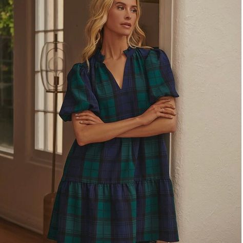 SUGARLIPS - Hudson Plaid Jacey Babydoll Mini Dress Size S NWT Teal Plaid, Babydoll Mini Dress, Navy Green, Pocket Dress, Navy And Green, Dress Outfit, Puff Sleeves, Baby Dolls, New Dress