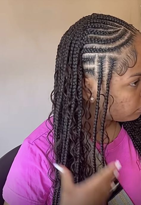 Two Braids Connected In The Back, Cane Row Hairstyles, 8 Braids, Back Braids, Straight Back Braids, Braids Beads, Protective Style Braids, Side Parting, Big Box Braids Hairstyles