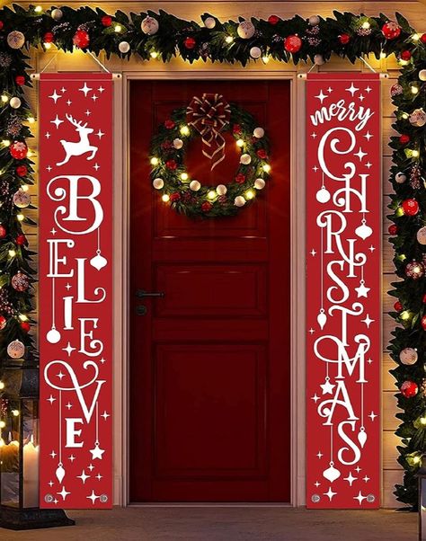 Merry Christmas Banner- Christmas Door Banner 71"x 12" Hanging Believe Merry Christmas Door Porch Sign Indoor Outside Yard Garden Party Decor Christmas Porch Signs, Merry Christmas Banner, Christmas Flag, Outdoor Party Decorations, Christmas Porch Decor, Merry Christmas Decoration, Outdoor Holiday Decor, Porch Sign, Christmas Banners