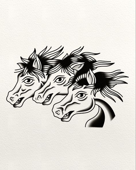 Horse Patchwork Tattoo, Old School Horse Tattoo, Three Horses Tattoo Traditional, 3 Horses Tattoo Traditional, Pharoahs Horses Tattoo Traditional, Horse Flash Tattoo, Pharaohs Horses Traditional Tattoo, Owen Jensen, Horses Tattoo