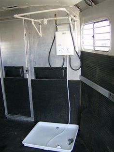 cowboy shower Cowboy Shower Ideas Horse Trailer, Cowboy Shower Horse Trailer, Horse Trailer Weekender, Horse Trailer Weekender Interior Ideas, Horse Trailer Organization, Kombi Trailer, Horse Travel, Horse Float, Horse Trailer Living Quarters