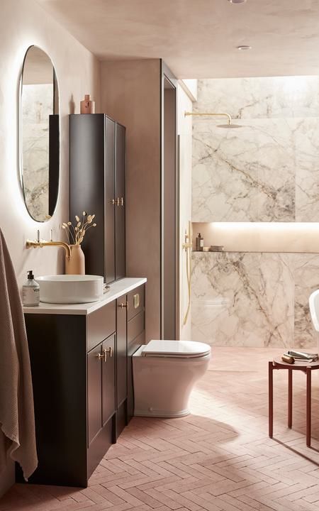 The Bathroom Ideas, Spa Bathroom Ideas, Slim Bathroom Cabinet, Small Bathroom Mirrors, Tranquil Bathroom, Working Room, Grey Bathroom Furniture, Oval Mirror Bathroom, Bathtub Sizes