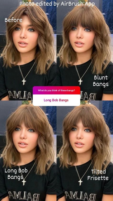 Shoulder Length With Fringe Bangs, Medium Hair Straight Bangs, Shoulder Length Hair With Bangs 2023, Lob With Full Bangs, Lob With Bangs 2023, Wavy Long Bob With Bangs, Tilted Frisette Bangs, Bottle Bangs, Layered Lob Haircut With Bangs