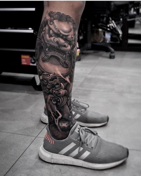 Japanese Foo Dog Tattoo Design Sleeve, Foo Dog Tattoo Design Leg, Black And Grey Realism Tattoo Design Leg, Foo Dog Leg Sleeve, Asian Leg Sleeve Tattoo, Japanese Foo Dog Tattoo Design, Japanese Lion, Japanese Style Tattoo, Japanese Foo Dog