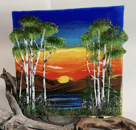 Fused Glass Sunset, Fused Glass Artwork, Glass Fusing Projects, Fused Glass Ornaments, Art Sunset, Resin Wall Art, Stained Glass Flowers, Glass Artwork, Fused Glass Art