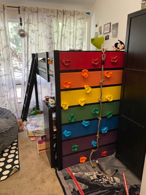 Ikea hack! Cut down the original loft bed for our little one and attached a home made rock wall to one side. Great for our little sensory seeker! Little Boys Loft Bed, Loft Bed With Rock Wall, Diy Space Bedroom Decor, Sensory Seeker Bedroom, Loft Bed Ideas Boys Room, Rock Wall Bunk Bed, Diy Sensory Bedroom Ideas, Floor Bed No Frame, Loft Bed Playroom