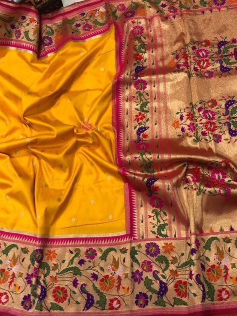 paithani soft silk weaving Paithani borders sarees Pythani Sarees, Yellow Paithani Saree, Yellow Paithani, Dusky Skin, Bride Reception Dresses, Saree Kanchipuram, Saree Floral, Paithani Saree, Silk Saree Kanchipuram