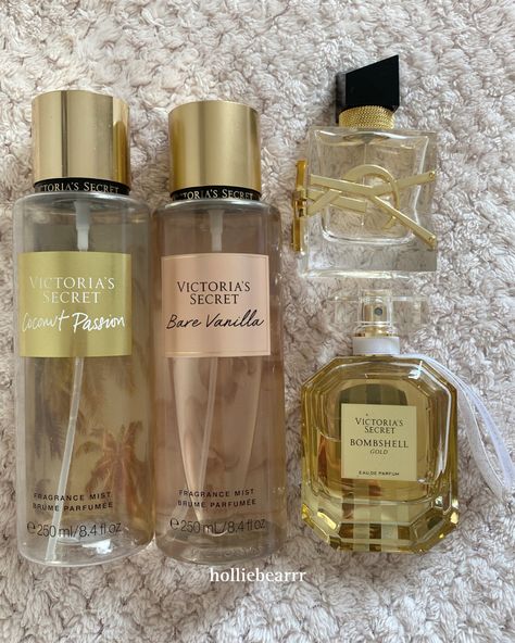 victorias secret coconut passion, bare vanilla & bombshell gold + ysl libre Victoria's Secret Bare Vanilla, Profumo Victoria Secret, Bare Vanilla, Victoria Secret Body Spray, Fragrances Perfume Woman, Perfume Body Spray, Perfume Collection Fragrance, Bath And Body Works Perfume, Shower Skin Care