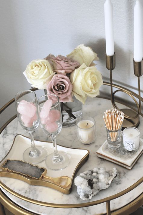 #homedecor #interiordesign #decorating #crystals bar cart, rose quartz, roses, candles, marble Decorate With Crystals, Bohemian Bedroom Inspiration, Sarah Grace, Airbnb Decor, Bedroom Styling, Table Decor Living Room, Bedroom Deco, Bar Cart Decor, Ivory Roses