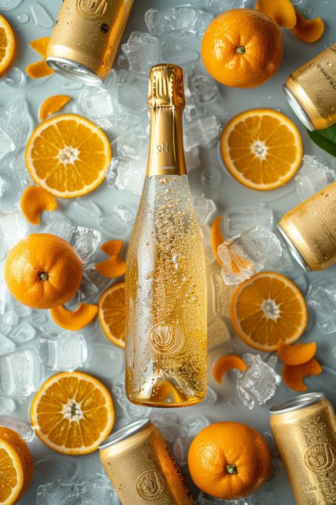 orange prosecco bottle turned 45 degrees to the right with many cans around the bottle, on a liquid surface, bubbles, orange chips, ice, white background, aerial shot, food photography, product photography --v 6  --stylize 250 --style raw Champagne Orange, Makeup Wisuda, Prosecco Bottle, Premium Background, Orange Syrup, Syrup Bottle, Ice Cream Photos, Orange Creamsicle, Photography Product