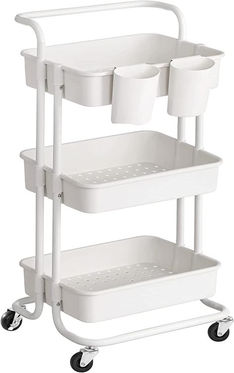 Amazon.com: SONGMICS Rolling Cart, 3-Tier Storage Trolley with Handle 2 Small Organizers, Steel Frame, Plastic Baskets, 16.4 x 13.2 x 34 Inches, White : Office Products Tidy Desk, Beauty Station, Bathroom Laundry Room, Serving Trolley, Kitchen Trolley, Room Makeovers, Storage Trolley, Plastic Baskets, Plastic Shelves