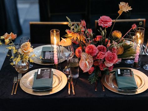 Elegant Jewel Tone Wedding, Moody Centerpieces, Moody Tablescape, Tropical Arrangements, Twisted Candles, Jewel Tone Wedding, Tropical Floral, Black Linen, Jewel Tones