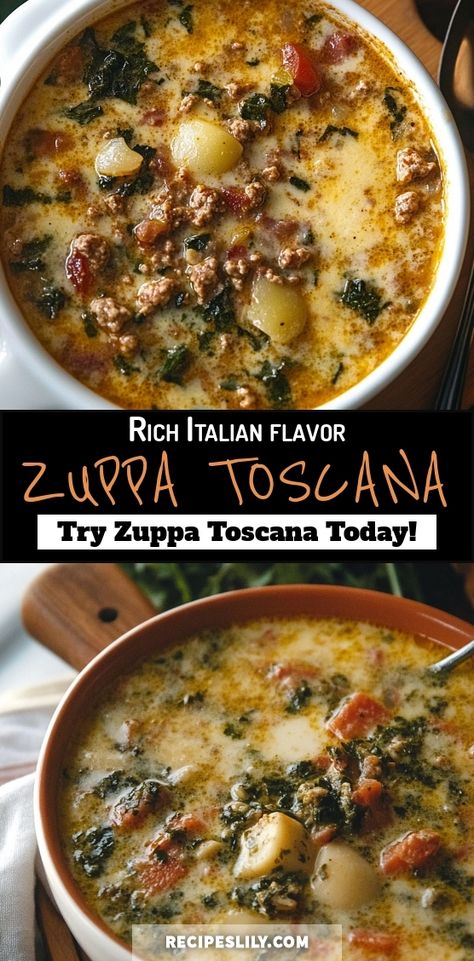 Warm up with a comforting bowl of Zuppa Toscana, a delicious Italian soup that's perfect for chilly evenings! This hearty dish features savory sausage, fresh kale, and creamy potatoes simmered to perfection in a flavorful broth. Ideal for family dinners or meal prep, it's both satisfying and easy to make. Discover the secret to creating this restaurant-style favorite at home and elevate your weeknight meals. Dive into the delightful flavors of Tuscany today! Soup Using Spinach, Italian Stew Recipes, Cozy Fall Soup, Easy Warm Dinners, Soup With Kale Recipes, Hearty Soup Recipes Winter, Zuppa Toscana Soup Crockpot, Warm Meals For Cold Days, Tuscany Soup