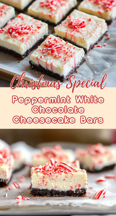 Bring a festive twist to your dessert table with these Peppermint White Chocolate Cheesecake Bars. The rich, creamy cheesecake is infused with peppermint and topped with a drizzle of white chocolate and crunchy peppermint candies. Nestled on a crisp Oreo crust, this holiday treat is sure to impress your guests! Peppermint Cheesecake Brownies, Oreo Peppermint Cheesecake, Mini Peppermint Cheesecake, Peppermint Cheesecake Recipes, Christmas Cheesecake Bars, White Chocolate Peppermint Cheesecake, Peppermint White Chocolate Cheesecake, White Chocolate Cheesecake Bars, Peppermint Cheesecake Bars