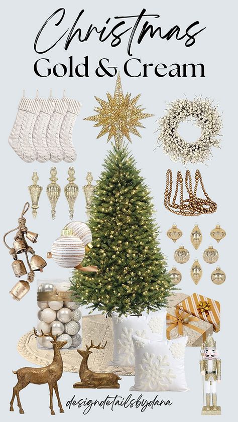 Seasonal Decor | DesignDetailsbyDana Cream Gold Christmas Tree, Green Cream And Gold Christmas Decor, Cream And Gold Christmas Decor, Gold Cream Christmas Tree, Gold And Cream Christmas Tree, Cream And Gold Christmas Tree, Cream And Gold Christmas, Anthropologie Christmas Decor, Prelit Christmas Tree