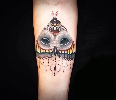 Jewel tattoo by Chris Rigoni Owl Moth, Owl Forearm Tattoo, Moth Tattoos, Butterfly And Moth, Moth Tattoo Design, Jewel Tattoo, Crystal Tattoo, Insect Tattoo, Facial Tattoos