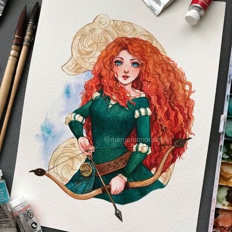 Merida Watercolor, Margaret Morales, Watercolor Process, Disney Princess Artwork, Disney Brave, Disney Face Characters, Disney Art Drawings, Princess Drawings, Disney Fairies