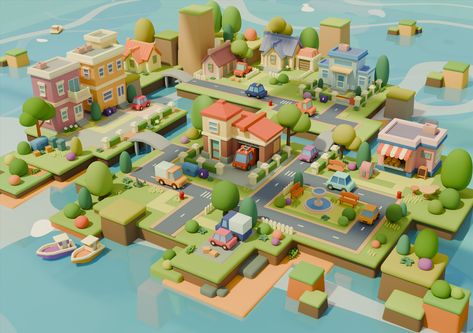 City Parks Design, Cartoon Environment, Cartoon Town, Top Down Game, Stylized 3d, Town Games, Cozy Games, City Games, Town Map