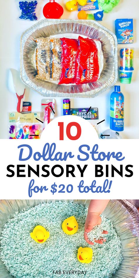 Dollar Store Sensory Bins (budget DIY sensory bins for toddlers) | Fab Everyday Dollar Tree Therapy Ideas, Sensory Activities Table, What To Put In Sensory Bin, Sensory Teaching Ideas, Sensory Bin Items, Sensory Bins For 16 Month Old, Science And Sensory For Toddlers, 1st Grade Sensory Activities, Play Dough Sensory Kits Diy