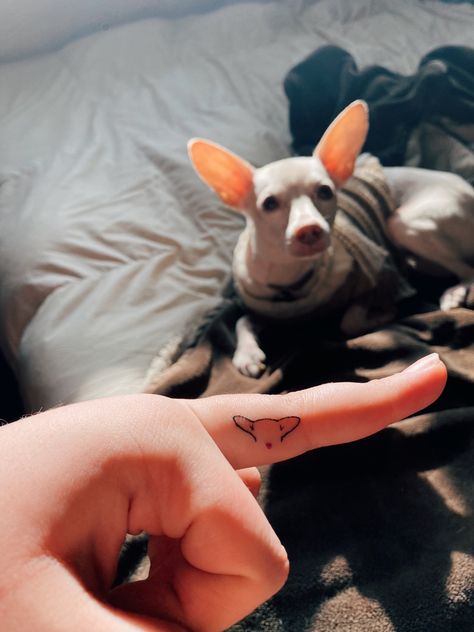 Chihuahua Tattoo Small Minimalist, Clever Dog Tattoos, Dog Tattoo On Finger, Dog Tattoo Finger, Fine Line Chihuahua Tattoo, Tattoos For A Dog, Dog Finger Tattoo, Chihuahua Tattoo Minimalist, Tiny Dog Tattoo Minimalist