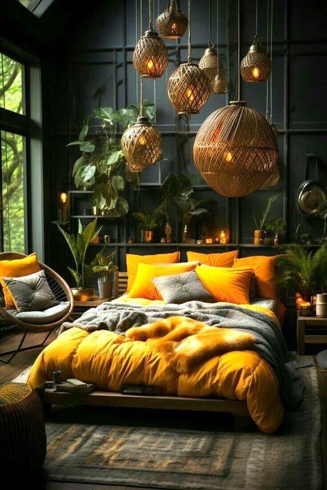 Furniture Statement Pieces, Living Room Accent Rug, Dreamy Dark Bedroom, Bohemian Bedroom Curtains, Bohemian Bed Decor, Dark Moody Living Room Bohemian, Plush Interior Design, Boho Rug Layering Bedroom, Cozy Dark Boho Living Room