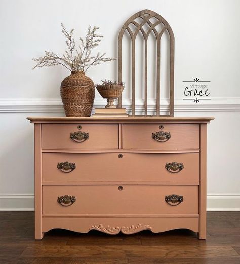 Terra Cotta Color Painted Furniture, Terra Cotta Painted Furniture, Terracotta Dresser, Refinishing Dresser, Coral Dresser, Beige Dressers, Orange Dresser, French Provincial Dresser Makeover, Dresser Diy