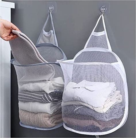 Hanging Laundry Hamper, 2 Pack Mesh Laundry Basket Foldable Hamper Collapsible Dirty Clothes Hamper Wall Mounted Storage Bag Used for Travel, Bedroom & Bathroom （Grey & White）: Laundry Bags: Amazon.com.au Caravan Ideas, Dirty Clothes Storage, Laundry Basket Organization, Bathroom Basket Storage, Dirty Clothes Basket, Clothes Hamper, Toilet Paper Storage, Bilik Tidur, Clothes Basket