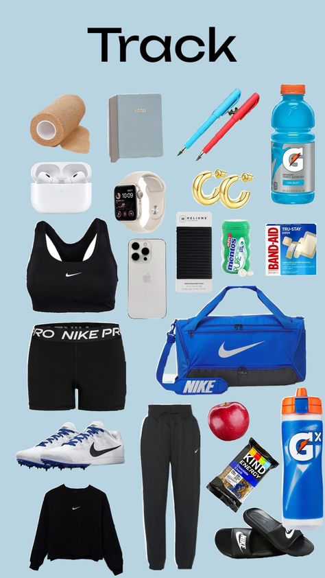 guys this is what's in my track bag#track #trackbag #cute Track Must Haves, Girl Bag Essentials, Track Essentials, Running Fits, Track Bag, Nike Duffle Bag, Soccer Bag, Cute Box Braids, Alien Aesthetic