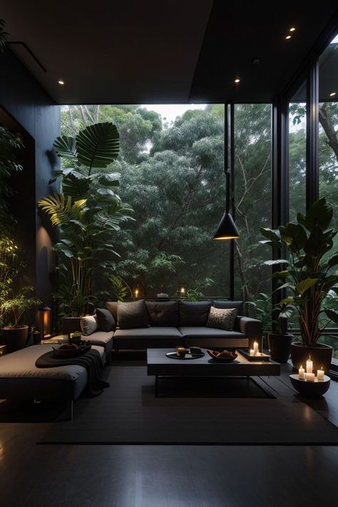 Dark Interior With Plants, Dark Modern Plant House, Interial Designing House, Dark Modern Home, Dark Modern, Decoration Restaurant, Home Library Design, Architecture Model House, Tagaytay