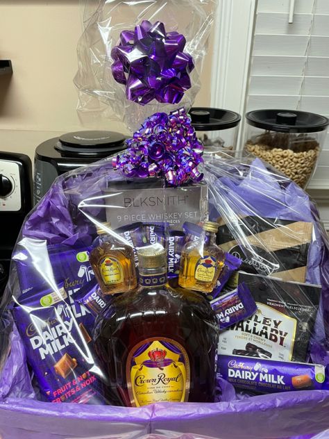 Royal Crown Birthday Basket filled with liquor & dairy milk chocolate Crown Royal Gift Basket Ideas, Liquor Gift Baskets Diy, Liquor Baskets, Adult Gift Basket, Booze Gift, Beer Cakes, Alcohol Gift Baskets, Liquor Gift Baskets, Auction Gift Basket Ideas