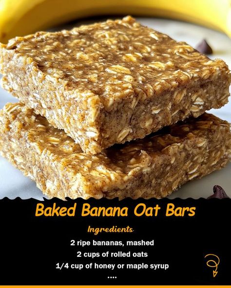 Easy Recipes | 🍌 Baked Banana Oat Bars 🍌 | Facebook Banana Oaties, Sourdough Banana Bars, Banana Oat Bars, Oat Slice, Banana Bars, Banana Breakfast, Grab And Go Breakfast, Banana Oats, Oat Bars