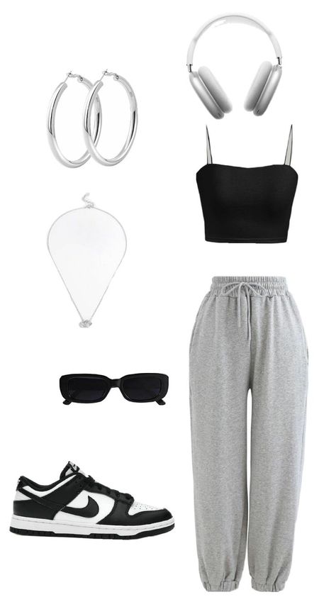 For the outfit you will need : grey sweatpants, a black top , black and white shoes , sunglasses , silver jewelry and white headphones Cute Outfits With Black Sweatpants, Outfits With Black Sweatpants, Outfits With Grey Sweatpants, Sweatpants Aesthetic, Sweatpants Outfits For School, White Sweatpants, Sunglasses Silver, White Headphones, Sweatpants Outfit