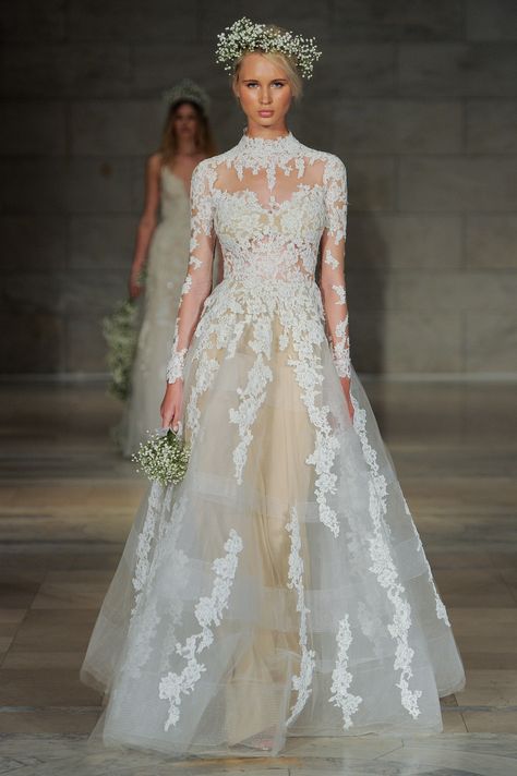 Reem Acra Wedding Dress, Reem Acra Bridal, Wedding Dresses Kleinfeld, Long Sleeve Wedding Gowns, High Neck Wedding Dress, Kleinfeld Bridal, Reem Acra, Bridal Musings, Designer Bridal Gowns