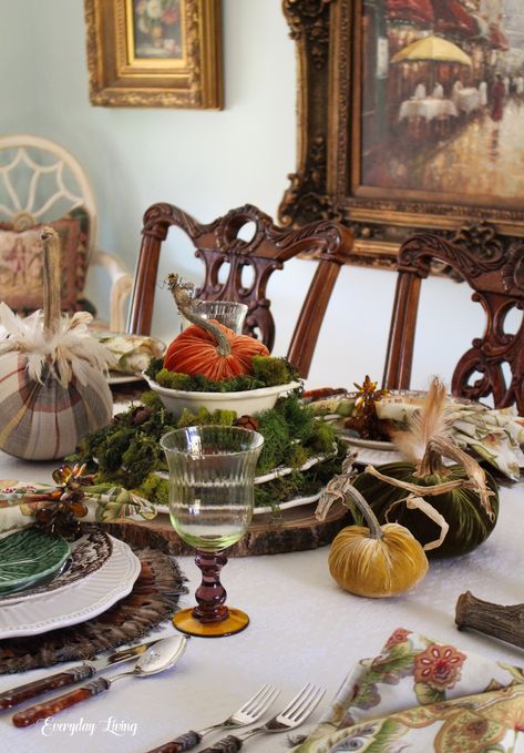 We Gather Together Dinner Table Setting With Food, Table Setting With Food, Blue Thanksgiving Table, Fall Table Scape, Thanksgiving Dining Room, Autumn Music, Turkey Table, Cottage Garden Sheds, Charles Faudree