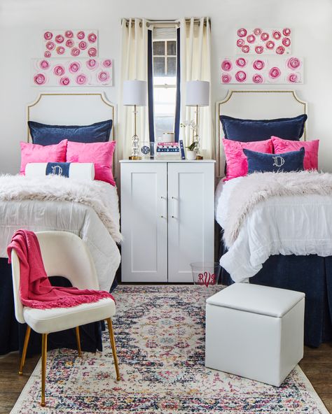 Dorm Pillow Arrangement, Sorority House Rooms Decor, Navy Dorm Room, Dorm Headboards, Sorority House Rooms, Luxury Dorm, Headboard Dorm, Bedroom Decor Apartment, Pink Dorm Room Decor