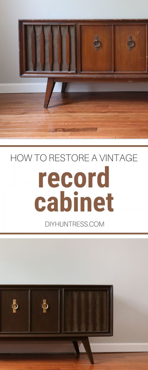 Refurbished Stereo Console, Vintage Turntable Cabinet, Refinished Record Cabinet, Repurposed Stereo Cabinet Ideas, Refurbish Record Player Cabinet, Mcm Record Cabinet Makeover, Record Console Makeover, Vintage Record Cabinet Makeover, Upcycled Record Cabinet