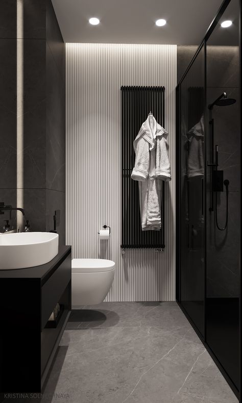 Bathroom Black Aesthetic, Antracit Bathroom Ideas, Minimalist Dark Bathroom, Dark Grey Washroom, Modern Dark Bathroom, Washroom Black, Black And White Small Bathroom Ideas, Small Dark Bathroom, Luxury Restaurant Interior