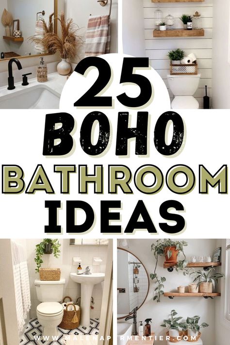 boho bathroom decor ideas Boho Farmhouse Bathroom Decor Ideas, Spa Bathroom Ideas Master Bath Decor Boho, Boho Bathroom Artwork, Green Boho Bathroom Decor, Boho Bathroom Ideas Small Vintage, Guest Bathroom Decor Boho, Boho Bathroom Aesthetic, Above Toilet Decor Boho, Small Bathroom Boho Ideas