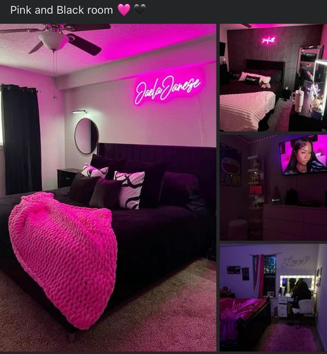 Black And Hot Pink Room Ideas, Dark Pink Room Ideas, Pink And Black Aesthetic Room, Black And Hot Pink Room, Black And Pink Room Decor, Room Black And Pink, Black And Pink Room Aesthetic, Pink And Black Room Ideas, Black And Pink Bedroom Ideas