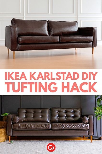 Make your sofa look more expensive with a simple DIY tufting hack.  We've done up the tufting for our IKEA Karlstad in leather slipcovers. Check out the video and be on your way to a more expensive-looking sofa, for less.  #sofa #sofaslipcovers #couch #couchcovers #ikea #ikeahack #karlstad #tufting #tuftinghack #DIY #homeimprovement Karlstad Sofa Cover, Sofa Hack, Diy Tufting, Ikea Karlstad Sofa, Diy Sofa Cover, Karlstad Sofa, Ikea Karlstad, Dining Chair Upholstery, Big Sofas